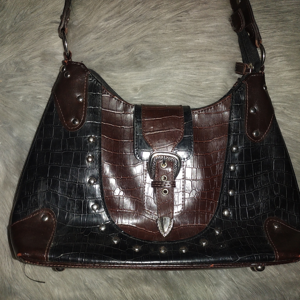 Elegant Black and Brown Croc-Embossed Women's Bag